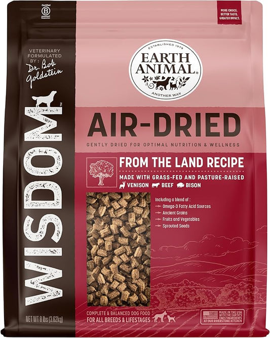 Earth Animal Wisdom Air Dried Dog Food | From The Land Recipe Premium Natural Dog Food | Venison, Beef, Bison | All Breeds & Ages | Made in The USA | 8 Pound Bag