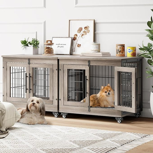 Dog Crate Furniture with Cushion Set of 2, Wooden Dog Kennel Indoor with Double Doors, Dog Cage with Wheels, Dog House Side End Table for Small Dogs up to 30 lb, 27.2" L, Grey