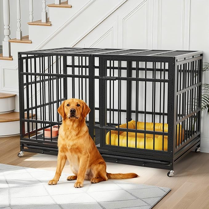 48 Inch Heavy Duty Dog Crate for Large Dogs Indestructible Dog Cage XL High Anxiety Kennel with Wheels Impact Escape-Proof Dogs Crate Indoor with Locks and 2 Removable Trays