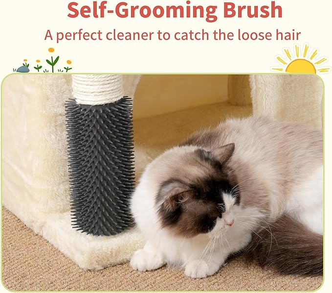 Hey-brother Cat Tree Tower, Scratching Posts with Extra Large Platform, Specious Condo, 2 Cozy Hammocks, Self-Grooming Brush for Indoor Adult Cats, Maine Coon 51.1 inches, Beige MPJ070M