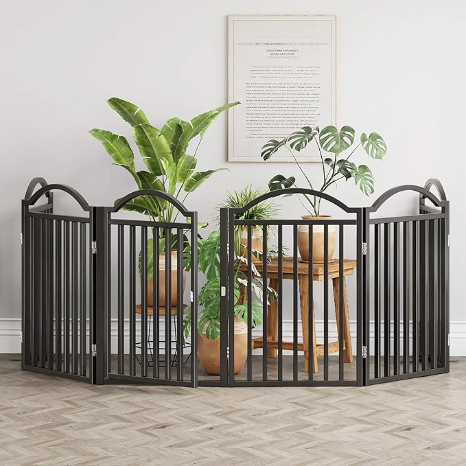 UDD Dog Gate Indoor 144" Extra Wide, 32" Tall Foldable Pet Gate with Door for Stairs Doorways Hallways Porch, Freestanding No Drilling Metal Pet Fence for Dogs Puppy, Black 6-Panel