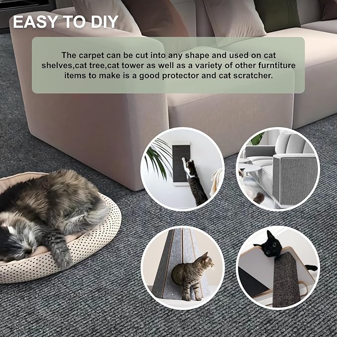 Cat Scratching Climbing Carpet Mat, Adhesive Trimmable Cat Scratcher Furniture Protector, Cat Post Covered Pad Replacement for DIY Cat Tree Shelf Steps Couch Corner Wall(Darkgrey,78.7x15.8In)