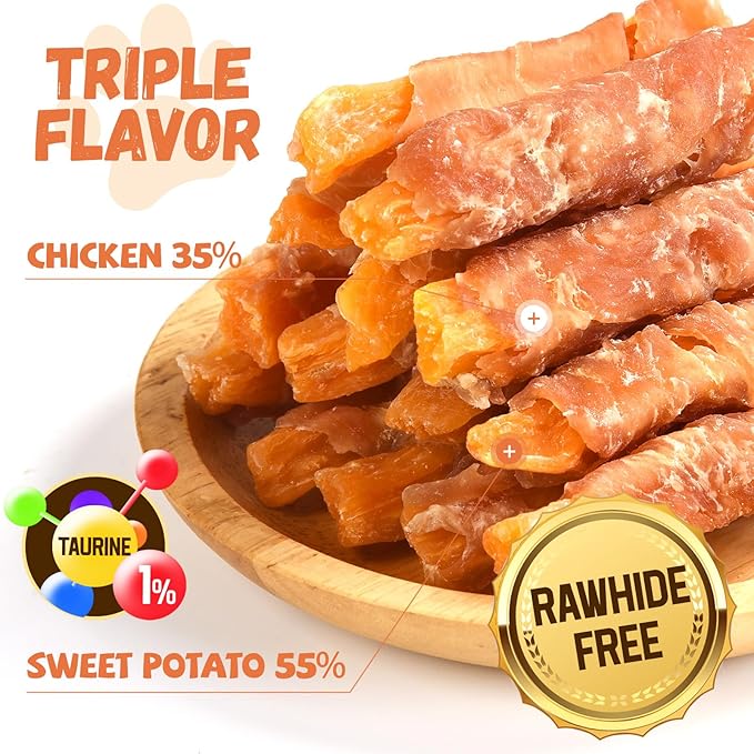 Chicken Jerky Wrapped Sweet Potato Dog Treats w/Taurine, Healthy Dog Snacks Low Fat High Protein, Chewy Training Rewards Treats for Small Medium Large Breeds,10.6oz, 13-17 Counts