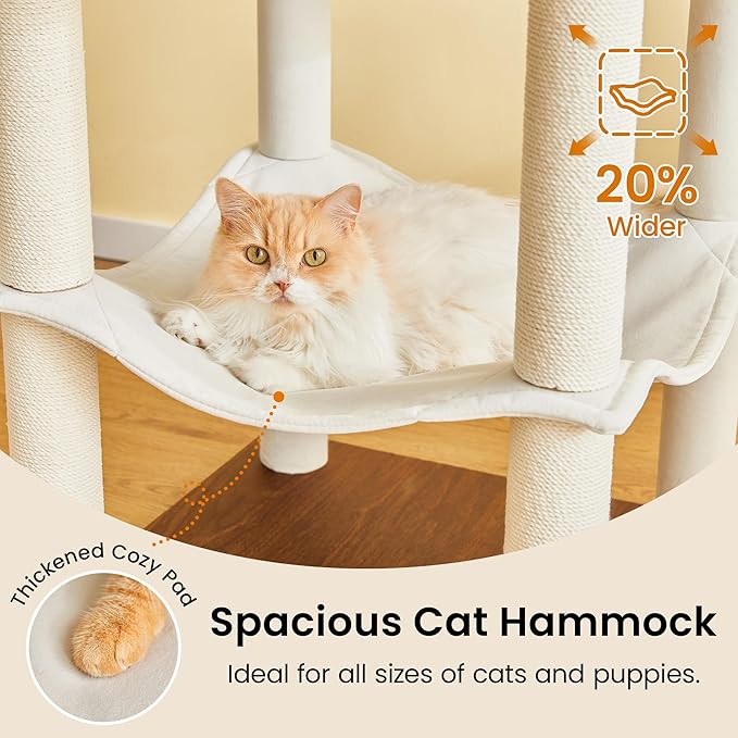 Large Modern Cat Tree - 70 inch Tall Cat Tower for Indoor Cats, Multi-Level Cat Condo with 7 Fully Wrapped Scratching Posts,2 Spacious Perches, Hammock, Cozy Pad & Dangling Balls-Walnut Brown