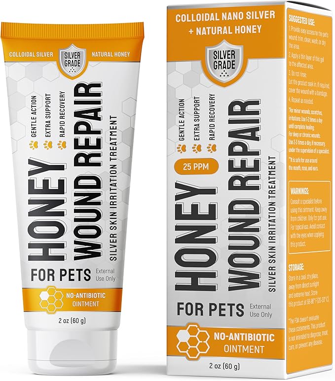 Honey Silver Wound Care for Pet no Antibiotic Wound Ointment for Dogs - Hot Spot Treatment for Dogs & Horses – Cat & Dog Wound Care for Cuts, Rashes, Irritation Honey Wound Repair Gel with Silver 2 Oz