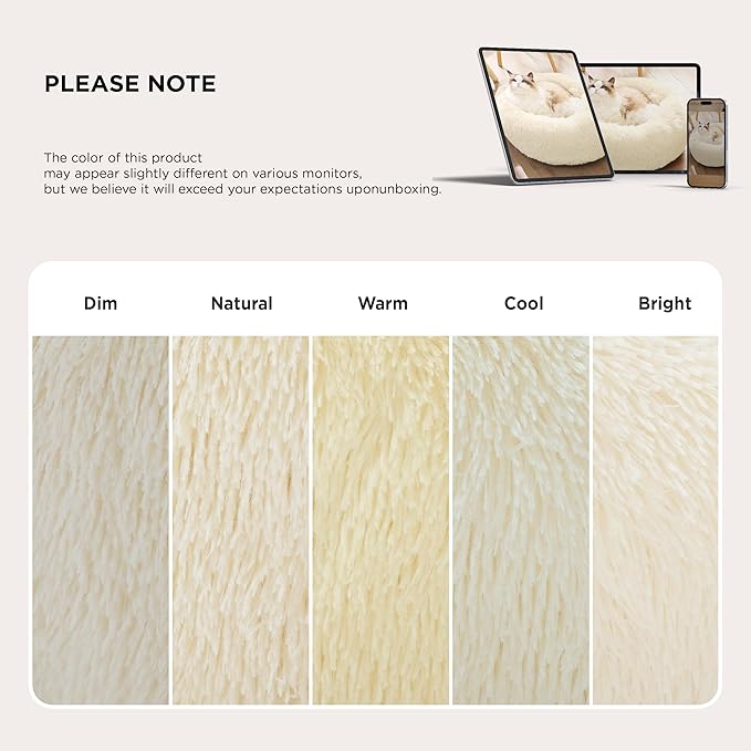 Bedsure Calming Dog Bed for Small Dogs - Donut Washable Small Pet Bed, Round Anti-Slip Fluffy Plush Faux Fur Large Cat Bed, Fits up to 25 lbs Pets, Ivory Beige, 23 inches