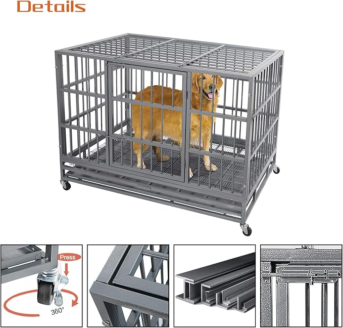 Otaid 48 Inch Heavy Duty Indestructible Cage Kennel with Wheels, High Anxiety Dog Crate, Sturdy Locks Design, Double Door and Removable Tray, Extra Large Dog Crate, Silver