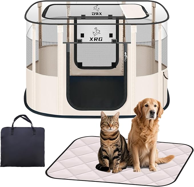 Dog Play Pen with Waterproof pad,Portable Dog Crates for Medium Dogs Kennel Tent,Dog Cages Indoor Breathable Mesh Collapsible Dog House Travel Playpen for Dogs Indoor & Outdoor(Medium, Beige)