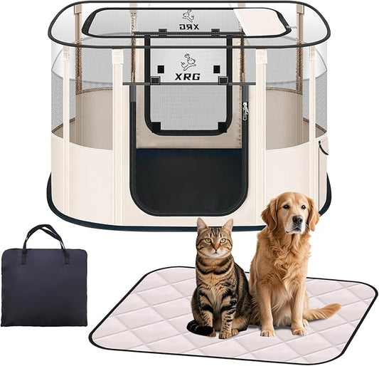 Dog Play Pen with Waterproof pad,Portable Dog Crates for Medium Dogs Kennel Tent,Dog Cages Indoor Breathable Mesh Collapsible Dog House Travel Playpen for Dogs Indoor & Outdoor(Medium, Beige)