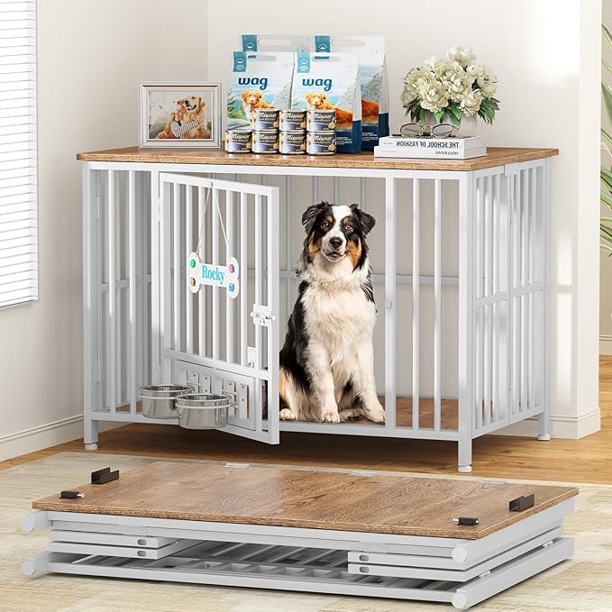 Easycom 41" Dog Crate Furniture Foldable, No Assembly Decorative Dog Kennel Indoor, Dog Crates for Large Dogs(35-60 lb), Wooden Dog Crate with Adjustable Bowls and Name Tag, End Table, White & Beech