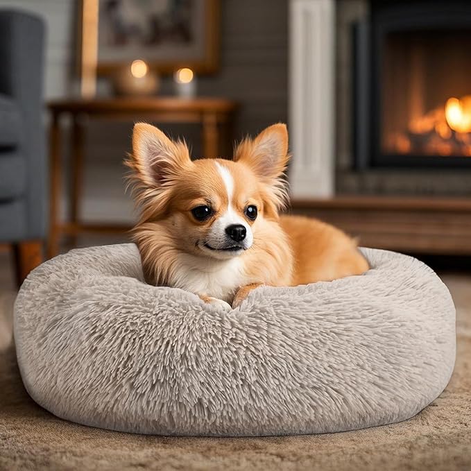 Dogs Bed for Small Dogs, Anti-Anxiety Washable Round Bed (Brown, 24.0" L x 24.0" W x 8.0" Th)