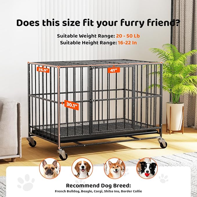 Heavy Duty Indestructible Dog Crate 42 Inch with Removable Tray, Sizes & Colors Optional, Escape Proof Double Door High Anxiety Cage Indoor, Kennel with Wheels for Large Dogs, XL XXL XXL