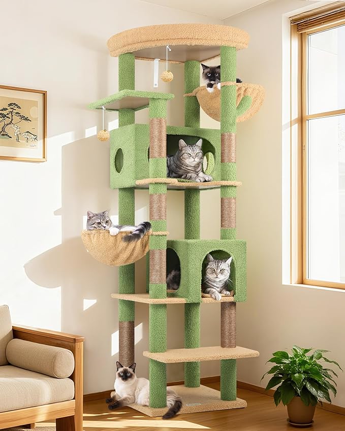 Globlazer Cactus Heavy Duty Cat Tree, 74in Tall Sturdy Cat Tower for Large Cats Adult Big Cat Tree with 7 Scratching Posts, 2 Padded Spacious Condos, 2 Hanging Baskets, Enlarged Top Perch, S74, Green