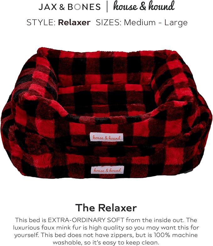 Jax & Bones Relaxer Plaid Dog Bed - Machine Washable Pet Bed for Medium Size Dogs - Hides Shedding Hair, Easy to Clean, Sleep Enhancing