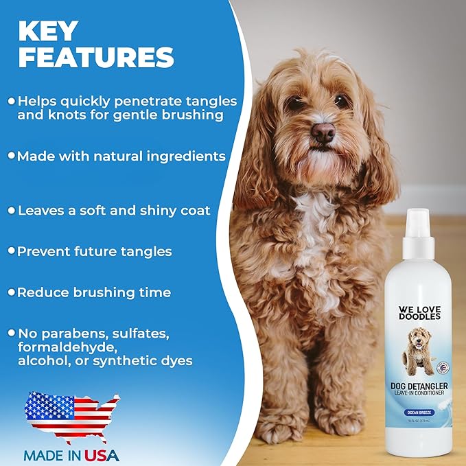 We Love Doodles Dog Detangler Spray - Leave-in Conditioner for Dogs - Dog Detangling Spray - Dematting Spray for Dogs - Tangle Remover - Made in The USA - Large 16 fl oz (Ocean Breeze)