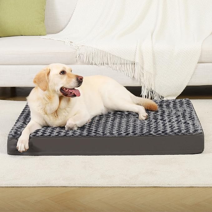 MIHIKK Dog Bed for Large Dogs, Orthopedic Pet Bed with Removable Washable Cover, Egg Crate Foam Dog Mattress Nonskid Bottom, Comfy Anti-Anxiety Puppy Mat, 41x29 inch, Dark Grey-Rose Pattern