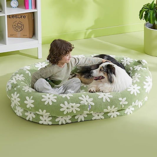LE SURE Human Dog Bed for Adult - Calming Human Size Dog Bed with Egg Foam Supportive Mat and Storage Pocket, Cute Modern Pet Beds with Jacquard Shaggy Plush & Anti Slip Bottom 55x37x10, Green