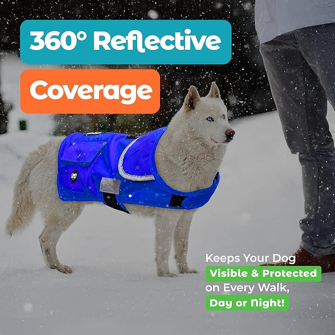 Joyride Harness FrostFlex Dog Winter Jacket - Fleece Lined & Water-Resistant - Snowsuit with Pockets for Treats & Poop Bags - Durable Cold Weather Dog Coat - Blue Serenity-XXL