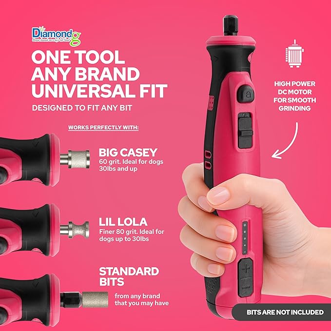 Diamondg Cordless Dog Nail Grinder with Quiet Sound & LED Tip for Large & Small Dogs, 4hrs. Runtime, 2 Bits Included, Pink