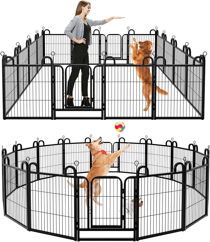 Puppy Playpen 16 Piece Panels Small Dog Fence Outdoor Indoor Use 24" Height Anti-Rust with Doors Portable Dog Play Pen for RV Camping Yard, Total 29FT, 68 Sq.ft, Snowy Black