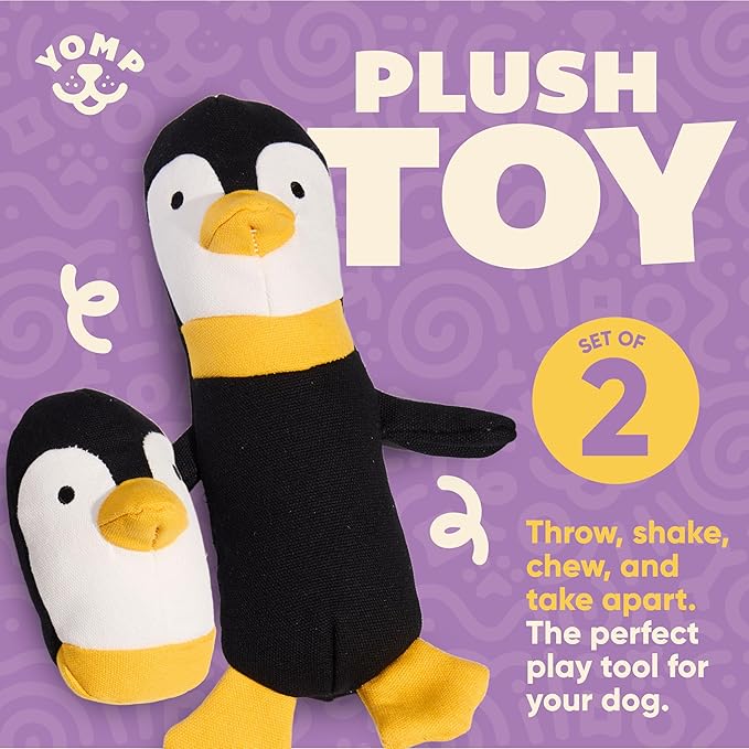 Yomp Penguin Dog Toy – Durable Stuffed, No Squeaker Dog Toys with Natural Canvas and Crinkle Paper – Interactive Stuffed Animal for Dogs (2-Pc Waddles Set)