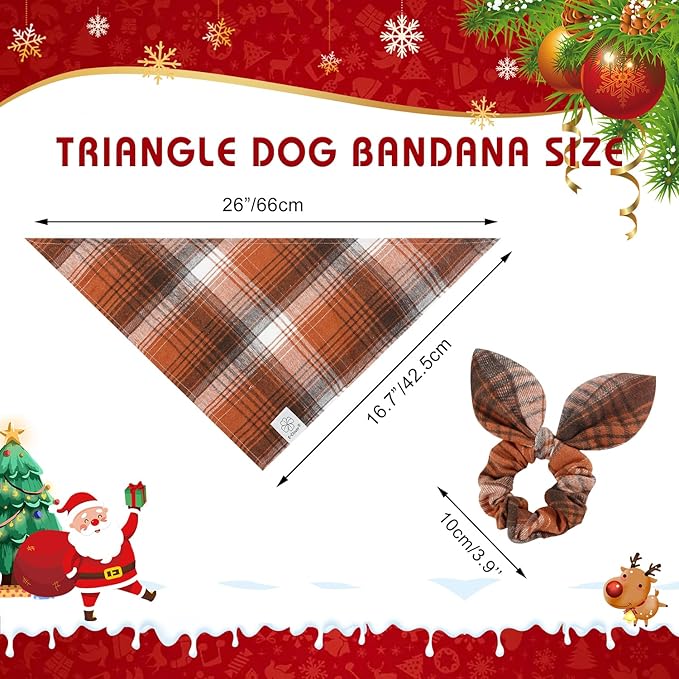 E-Clover Brown Plaid Dog Bandana & Matching Scrunchie-Fall Dog Bandana Triangle Plaid Pet Scarf Bib for Small Dogs Puppy Girl Boy Owner Gift