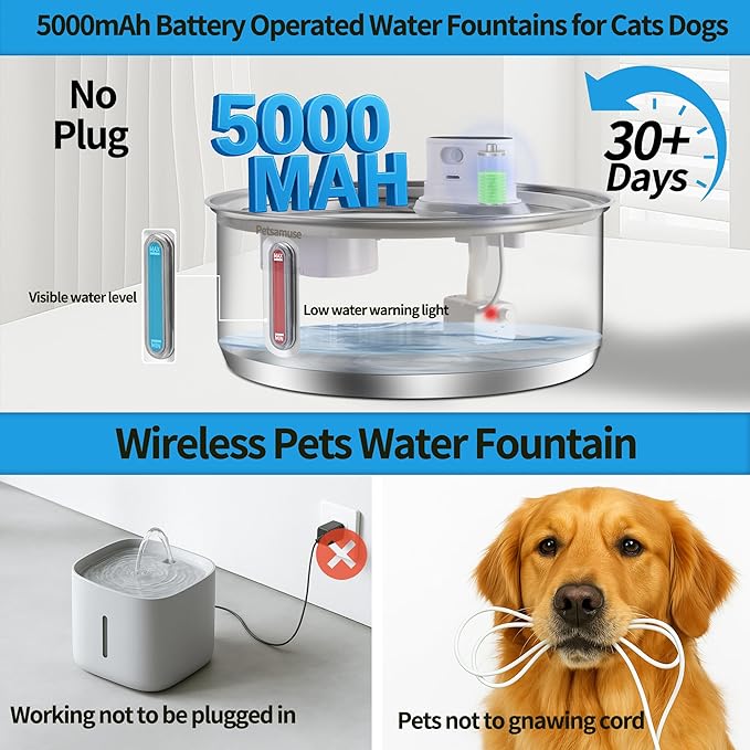Wireless Dog Water Fountain, Petsamuse 5000mah Battery Operated Water Fountain for Dogs, 2.1Gal/8L Stainless Steel Cat Water Fountains for Cats & Dogs, Ultra-Quiet Water Bowl Dispenser with 13 Filters