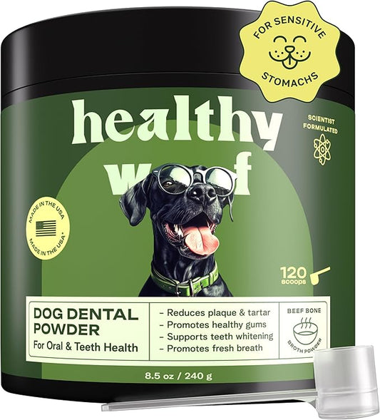 Dog Dental Powder with Icelandic Kelp, Enzymes & Green Tea – Dog Breath Powder & Tartar Remover – Dental Cleaning for Dogs – 8.5 oz (120 Servings)