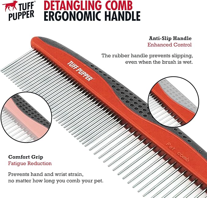 Tuff Pupper Dog Grooming Comb Set | Easily & Safely Remove Dead, Matted Knotted Hair | Ergonomic Pet Detangling Combs | No-Slip Safety Handle For Precision Control | Rounded Tips Prevent Scratching