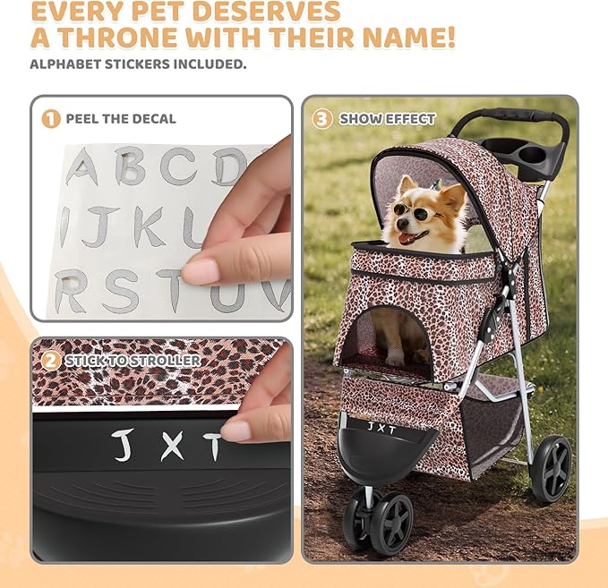 Magshion 3-Wheel Pet Stroller, Foldable Travel Jogger for Small & Medium Dogs & Cats (Up to 33lbs), Lightweight Carrier with Breathable Mesh Cover, Cup Holder & Storage Basket, Leopard Print