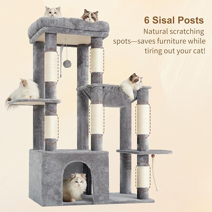 Heybly Heavy Duty Cat Tree, Tower for Indoor Cats Large Adult, Tall Cat Condo House with Extra-Large Baseboard, Multi-Level Plush Furniture with Scratching Posts, Hammock,Toy Balls,Light Gray HCT026W