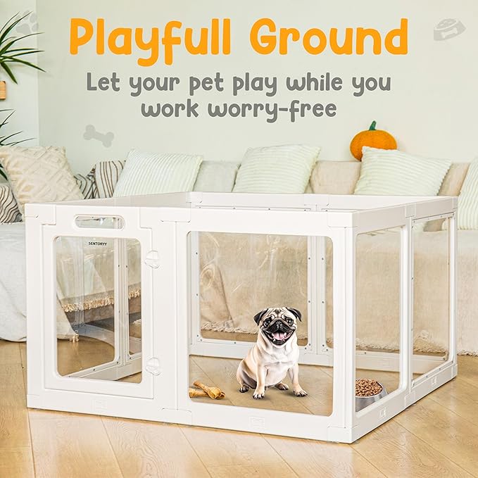 Transparent Indoor Dog Playpen with Safety Lock, Indoor Dog Fence for Small & Medium Pets | Secure, Stylish, Easy Clean Play Pen for Dogs & Pets with Scratch Resistant Panels (White, 8 Panel)