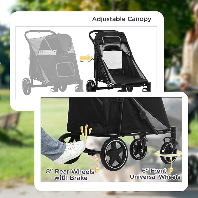 PawHut Dog Stroller for Large Medium Small Dogs up to 66 Lbs. 23.5" in Body Length, One-Click Foldable Pet Cat Stroller with Storage, Shock Absorption Wheels, Mesh Window, Safety Leash, Gray