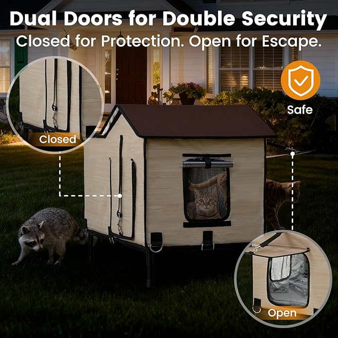 Heated Cat House for Outside in Winter, Weatherproof & Insulated Large Cat Shelter with Heated Cat Bed and 2 Safe Escape Doors for Multiple Stray/Feral Cats(Wood-Grain, 27.6"x19.3"x21.3")
