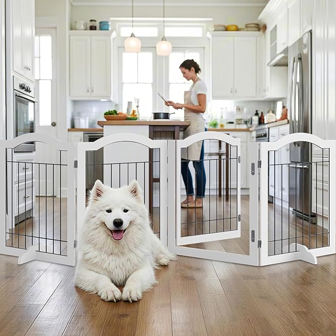 Vantas Folding No-Assembly Dog Door Pet Gate 96" Wide, 30" Tall Wooden Dog Gate with Door Walk Through, Freestanding Wire Pet Gate, Pet Puppy Safety Fence, with 2PCS Support – White