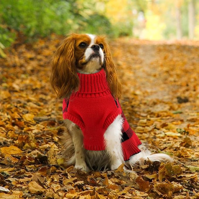 Dog Sweater Dress Plaid Knitwear for Small Medium Dogs Warm Puppy Pet Turtleneck Stretch Pullover Cute Fall Winter Vest Clothes with Leash Hole for Christmas (Red, XS)