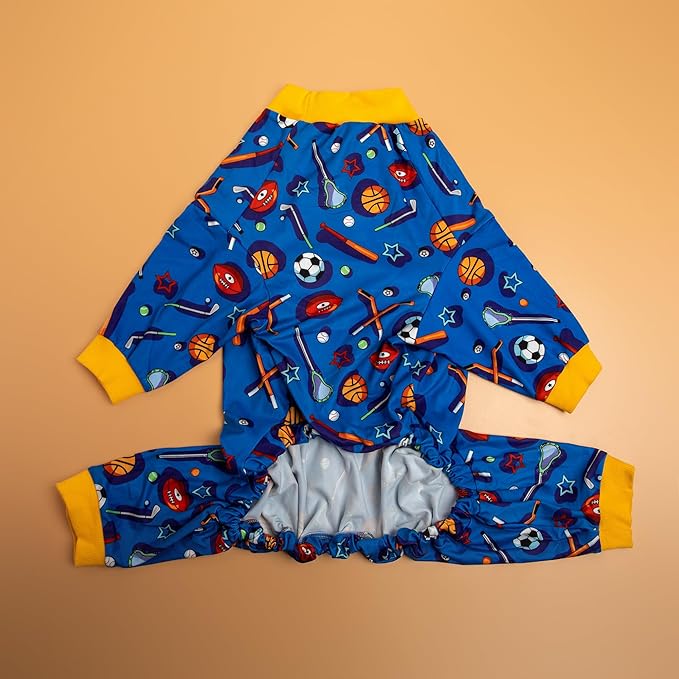 LovinPet Large Dog Onesies for Surgery Recovery, Dog Pajamas for Large Dogs,Lightweight Stretchy Fabric,Blue Sports Print,Dog Pajamas for Surgery Recovery, Easy to Wear, Onesies for Dogs, Medium