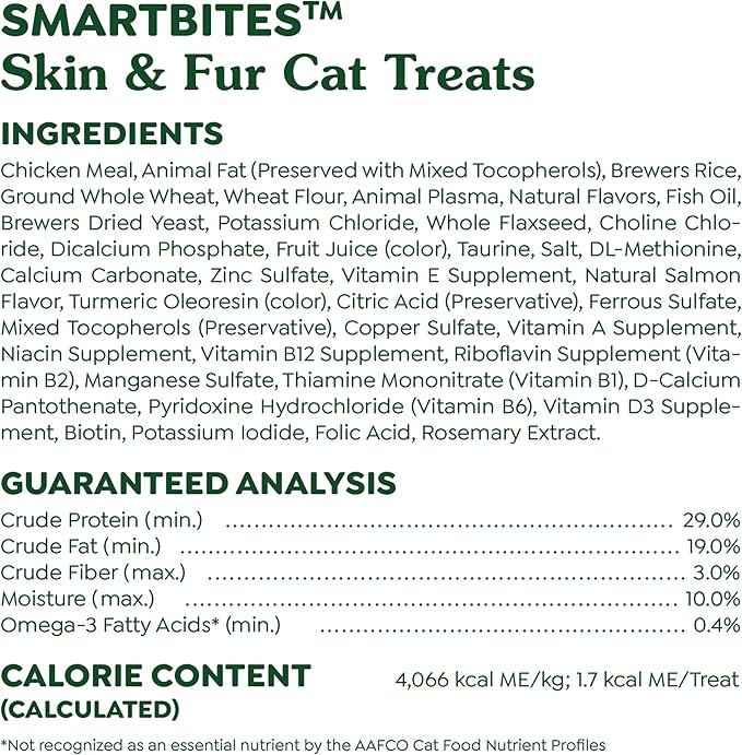 Greenies Feline Smartbites Skin & Fur Health Crunchy and Soft Cat Treats, Salmon Flavor, 16 oz. Tub