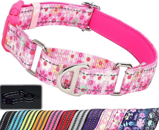 Pink Floral Martingale Collar for Dogs - Reflective Nylon with Quick Release Buckle & Padded Comfort - No Slip Choke Heavy Duty Collar for Training, Walking & Nighttime Use M