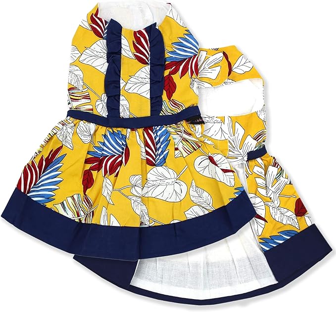 Parisian Pet Tribal Leaves Summer Dress - Magic Strap Closure Dog Beach Outfit - Lightweight and Breathable Dress for Medium Dogs Girl