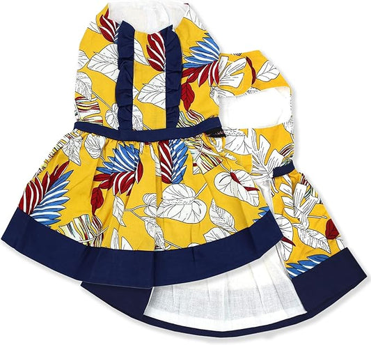 Parisian Pet Tribal Leaves Summer Dress - Magic Strap Closure Dog Beach Outfit - Lightweight and Breathable Dress for Large Dogs Girl XL