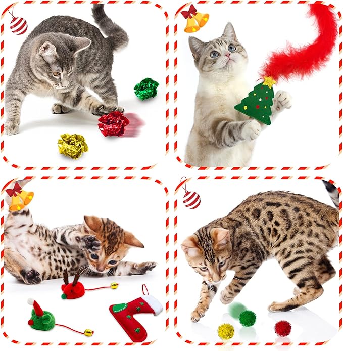 Cat Christmas Stocking, 10 Pack Christmas Cat Toys, Cat Gifts for Christmas, Interactive Cat Feather Toy with Catnip, Cat Ball Toys, Crinkle Balls for Cat, Mice Toys for Indoor Cats & Kitten