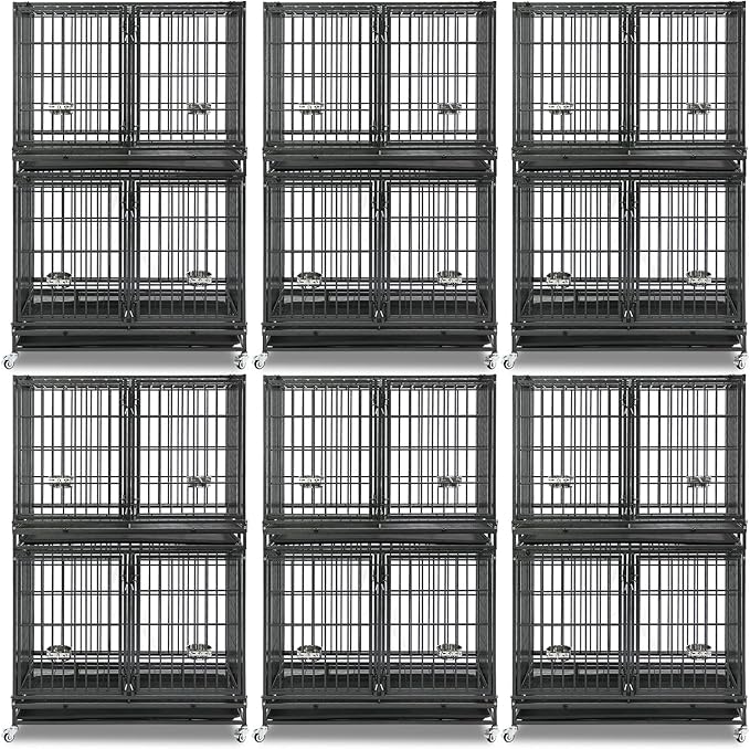 Homey Pet 43 Inch 2 Tiers Dog Crate Cage Kennel with Divider, Stackable Heavy Duty Dog Crate for Large Dogs, Escape Proof Indestructible Dog Kennel Indoor with Removable Tray, Lockable Wheels(6 Packs)