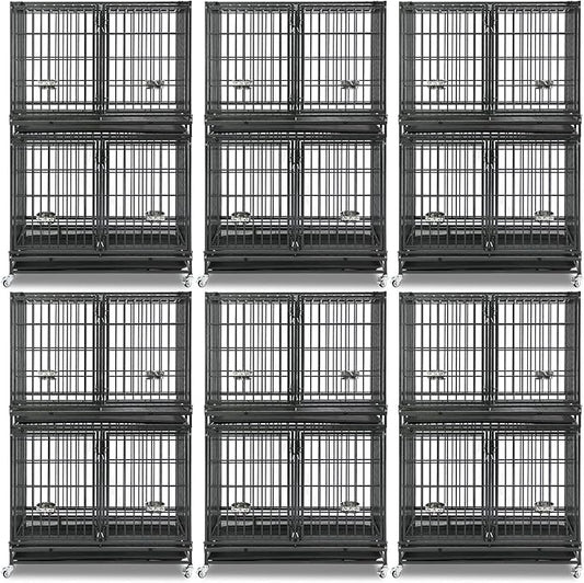 Homey Pet 43 Inch 2 Tiers Dog Crate Cage Kennel with Divider, Stackable Heavy Duty Dog Crate for Large Dogs, Escape Proof Indestructible Dog Kennel Indoor with Removable Tray, Lockable Wheels(6 Packs)