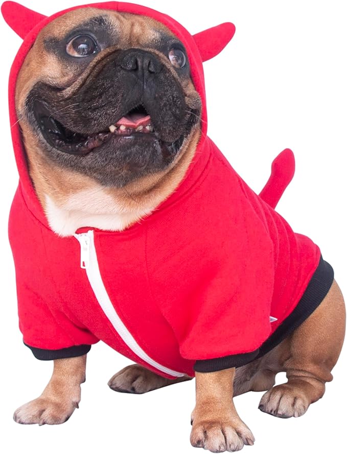 iChoue Little Devil Dog Halloween Costumes Clothes Sweater Cute Funny for English Bulldog Cold Weather Winter Coats Hoodies Frenchie - Red, Large Plus