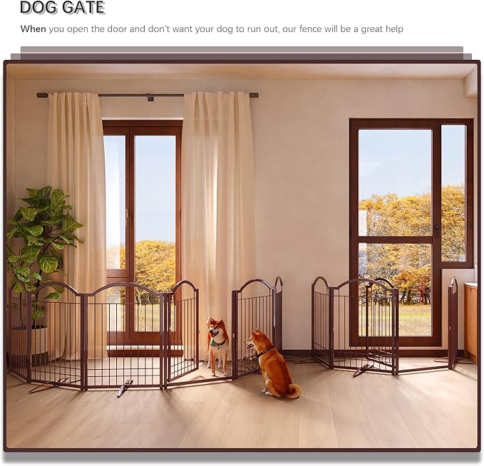 4NM Metal No Drilling Expandable Dog Gate, Extra Wide 144", Extra Tall 32" Free Standing Pet Gate with Door, Gates for Dogs Outdoor or Indoor, with 4PCS Support - Espresso