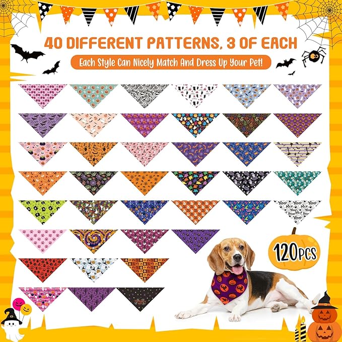 120 Pcs Halloween Dog Bandanas Bulk Pumpkin Ghosts Skeleton Pet Bandanas Dog Handkerchiefs Halloween Scarf Bibs Triangle Bibs Adjustable Kerchief Pet Grooming Costume Accessories