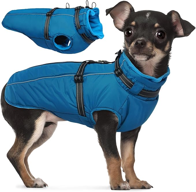 PUMYPOREITY Winter Fleece Coat for Small Dogs, Reflective Dog Jacket with Harness Built in, Waterproof Warm Coat for Dogs, Cold Weather Coats for Outdoor, Therma Windproof Pet Snowsuit, Blue,XS