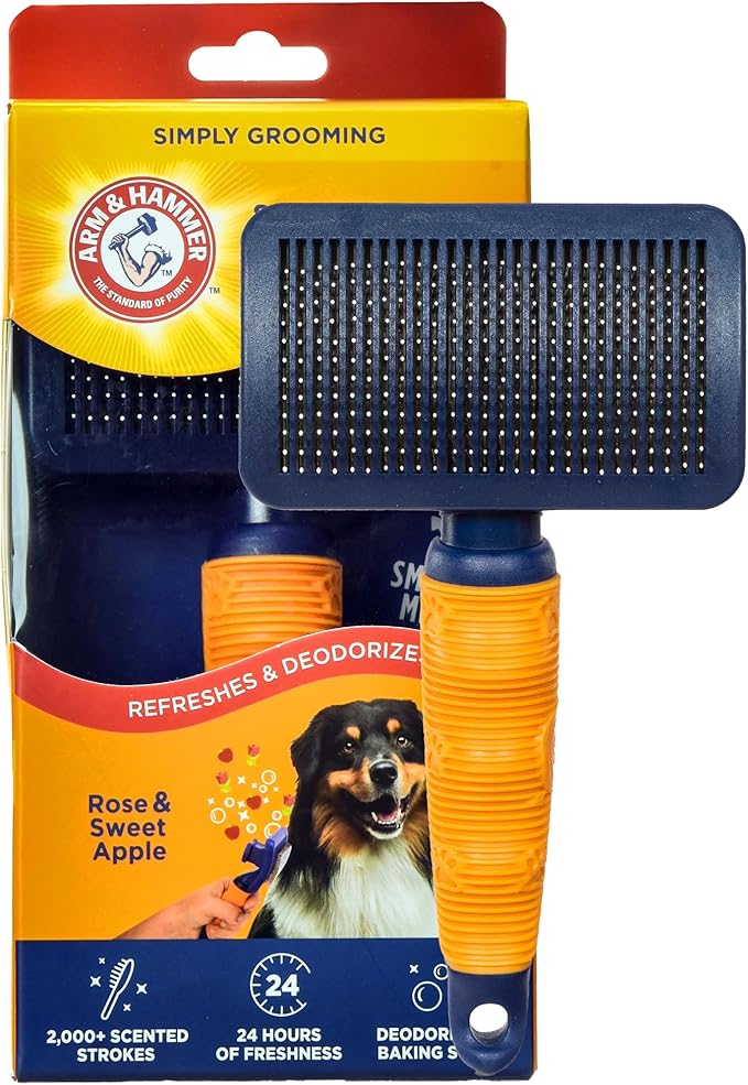 Arm & Hammer “Simply Glam” Dog Grooming Slicker Deodorizing Brush with Fragrance Transfer Technology – Scented Self-cleaning Slicker Brush for Shedding, Scented for Dogs with Sweet Apple & Rose Scent