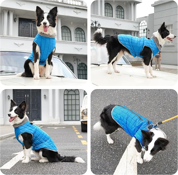 Warm Fleece Dog Coats with Durable Harness Buitl in D-Ring,Waterproof Doggie Jacket for Large Dogs,Dog Vest for Cold Winter,Light Blue XXL